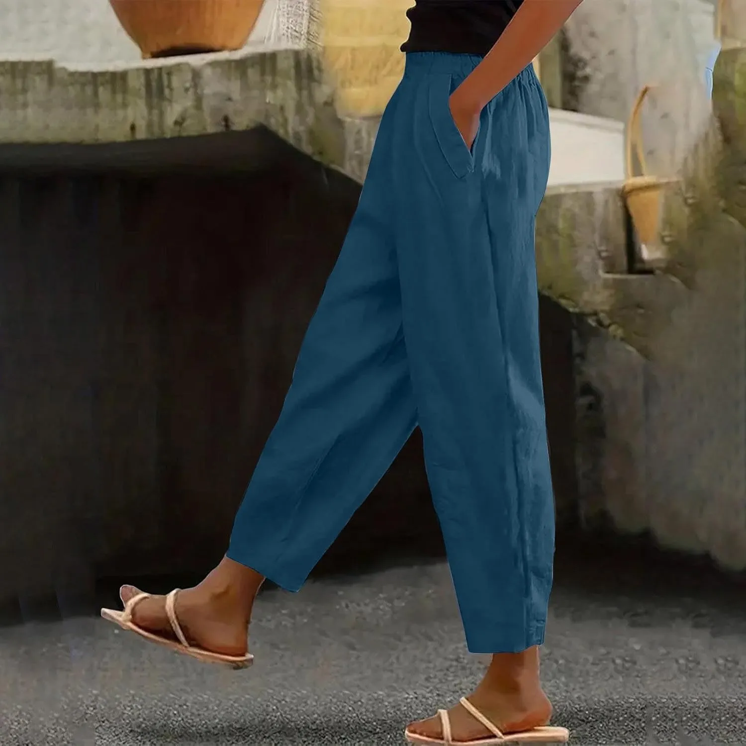 Linen Pants for Women High Waist Pants Plus Drawstring Elastic Waist Pants Trousers with Pockets Summer Casual Pants