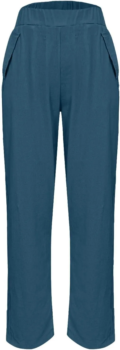 Linen Pants for Women High Waist Pants Plus Drawstring Elastic Waist Pants Trousers with Pockets Summer Casual Pants