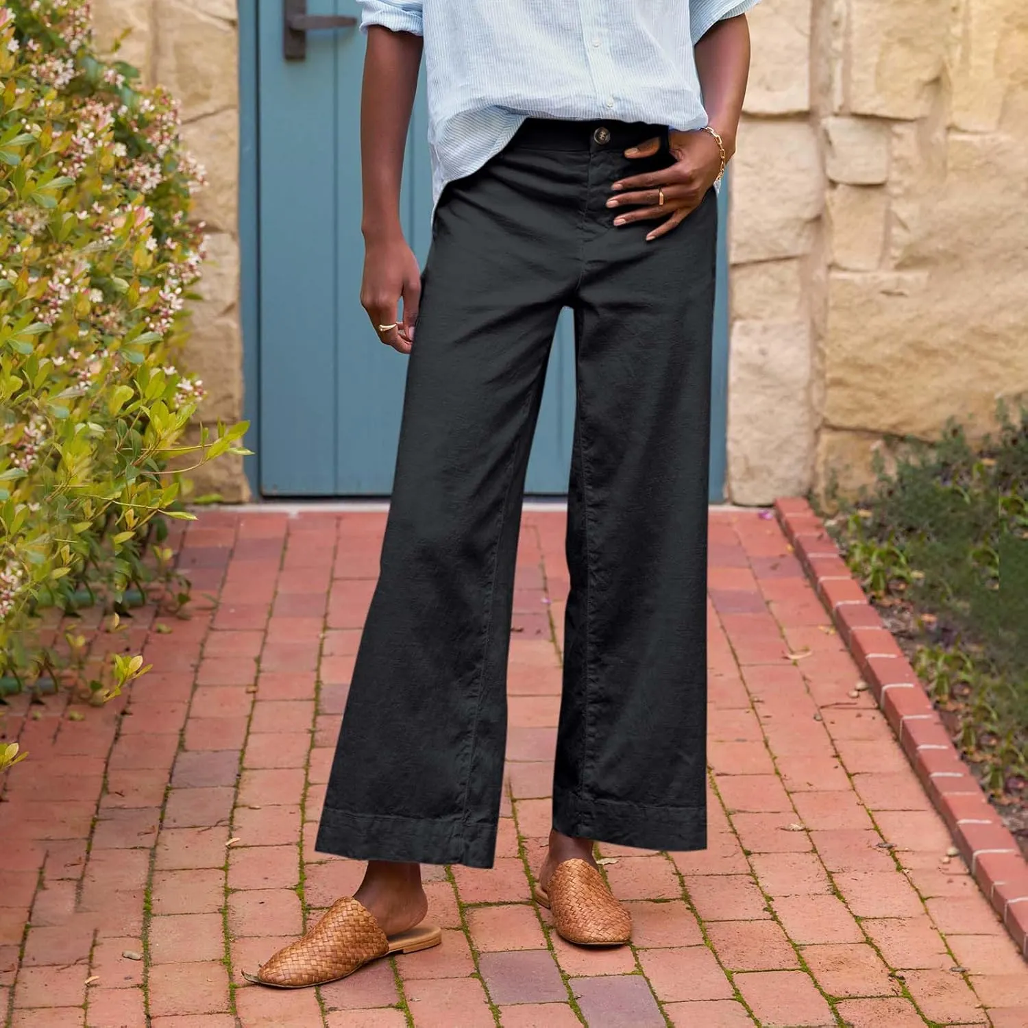 Linen Pants for Women, Linen Casual Pants Straight Leg Peasant Striped Side