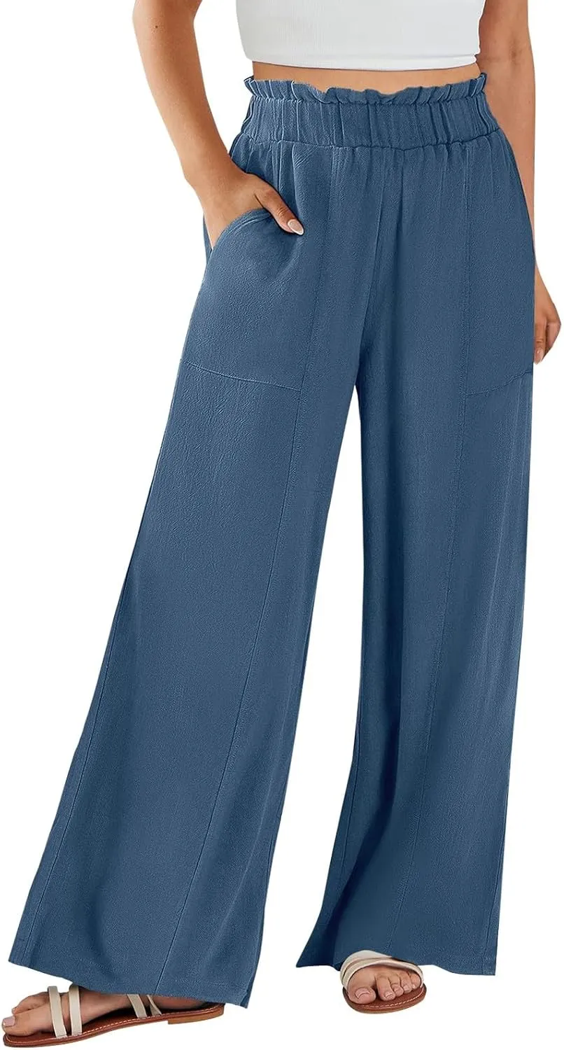 Linen Pants for Women Summer High Waisted Wide Leg Pants Baggy Casual Beach Pants Flowy Palazzo Pants with Pockets