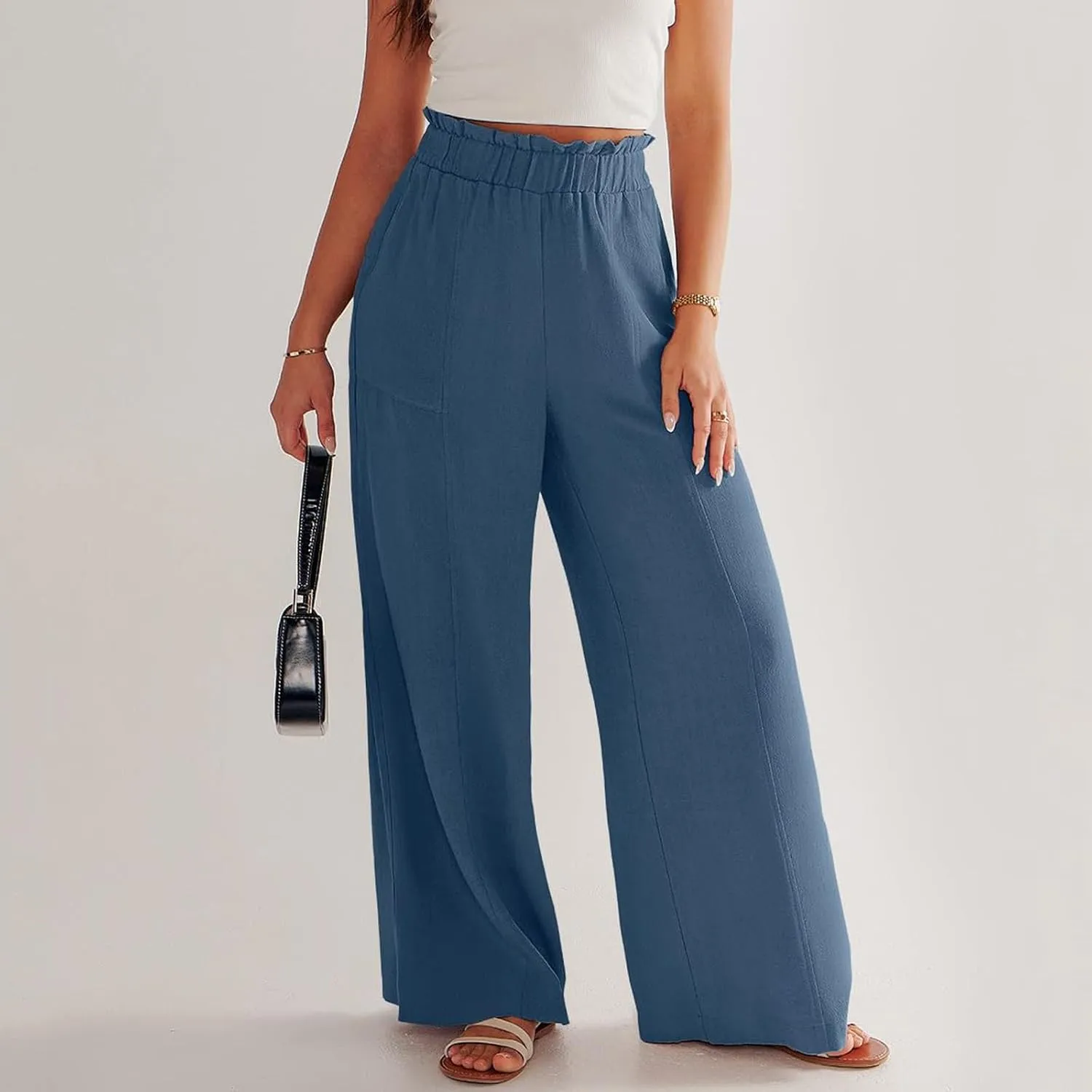 Linen Pants for Women Summer High Waisted Wide Leg Pants Baggy Casual Beach Pants Flowy Palazzo Pants with Pockets