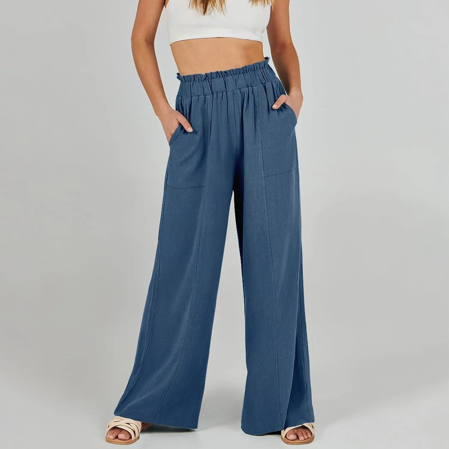 Linen Pants for Women Summer High Waisted Wide Leg Pants Baggy Casual Beach Pants Flowy Palazzo Pants with Pockets