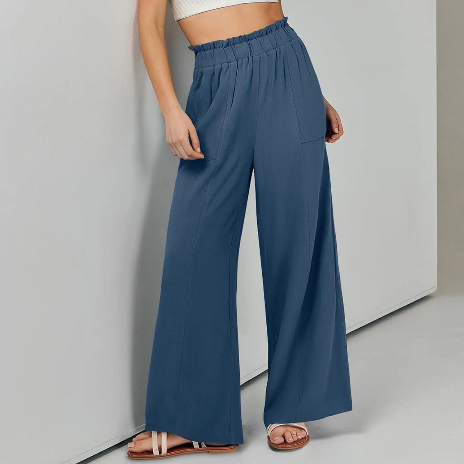 Linen Pants for Women Summer High Waisted Wide Leg Pants Baggy Casual Beach Pants Flowy Palazzo Pants with Pockets