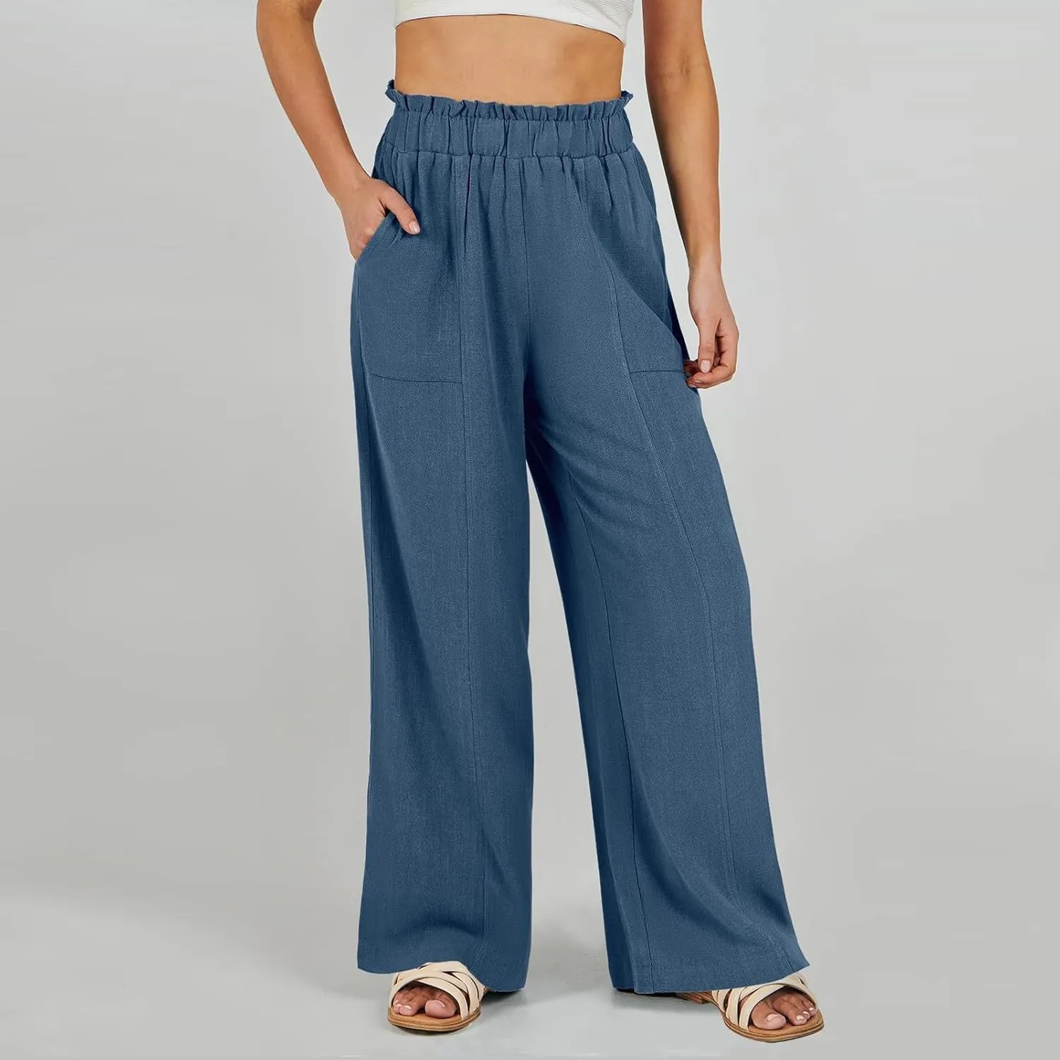 Linen Pants for Women Summer High Waisted Wide Leg Pants Baggy Casual Beach Pants Flowy Palazzo Pants with Pockets