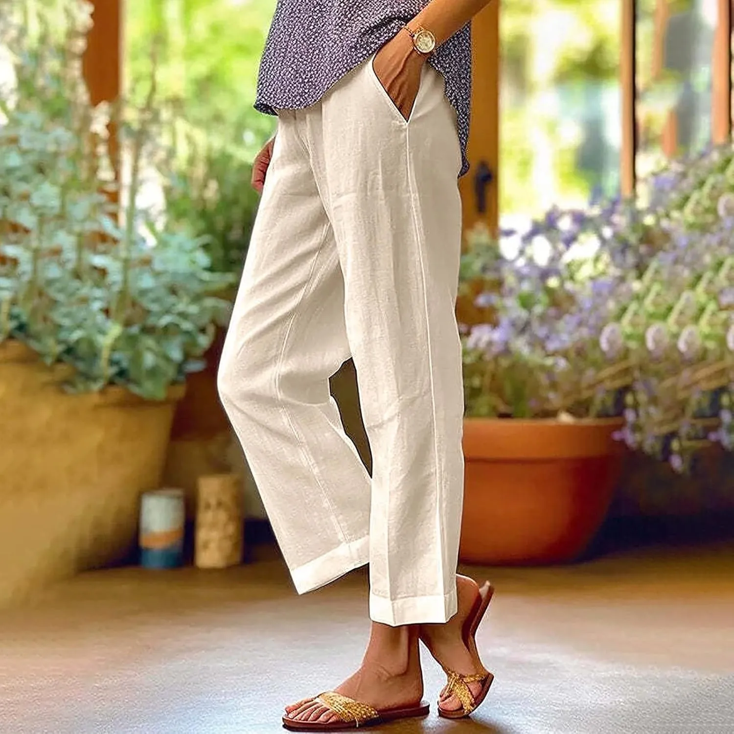 Linen Pants Straight Solid Elastic Pants Long Drawstring Linen Women Waist Cotton 2025 Beach Travel Vacation Outfits