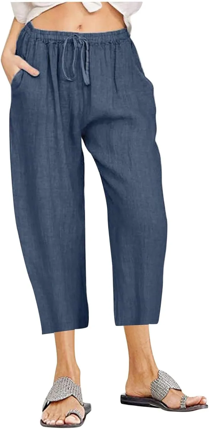 Linen Pants Women Petite Length Womens Linen Pants Casual Straight Fit Elastic Waisted Drawsting Trousers Pockets