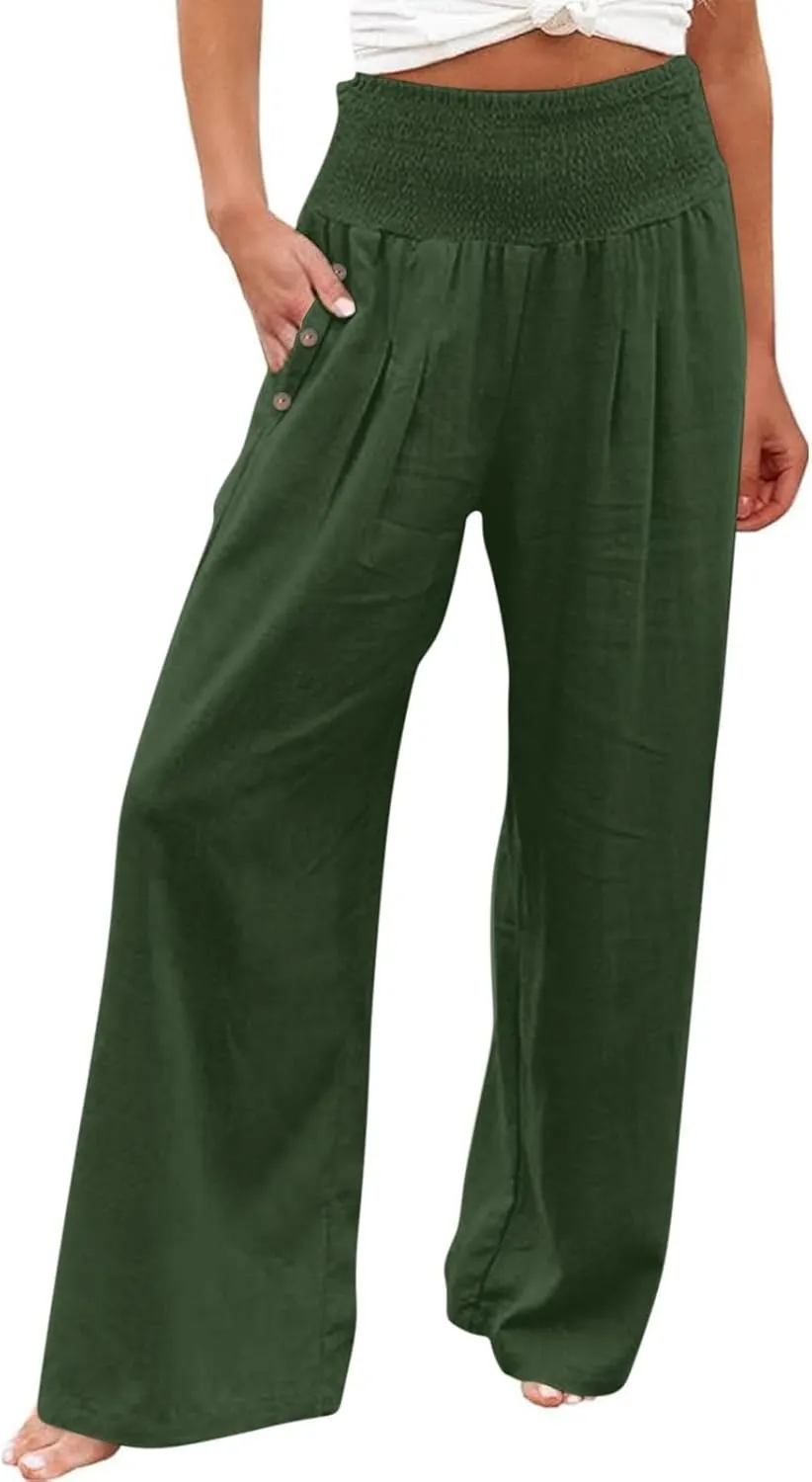 Linen Pants Women Petite Length Womens Linen Pants Casual Straight Fit Elastic Waisted Drawsting Trousers Pockets