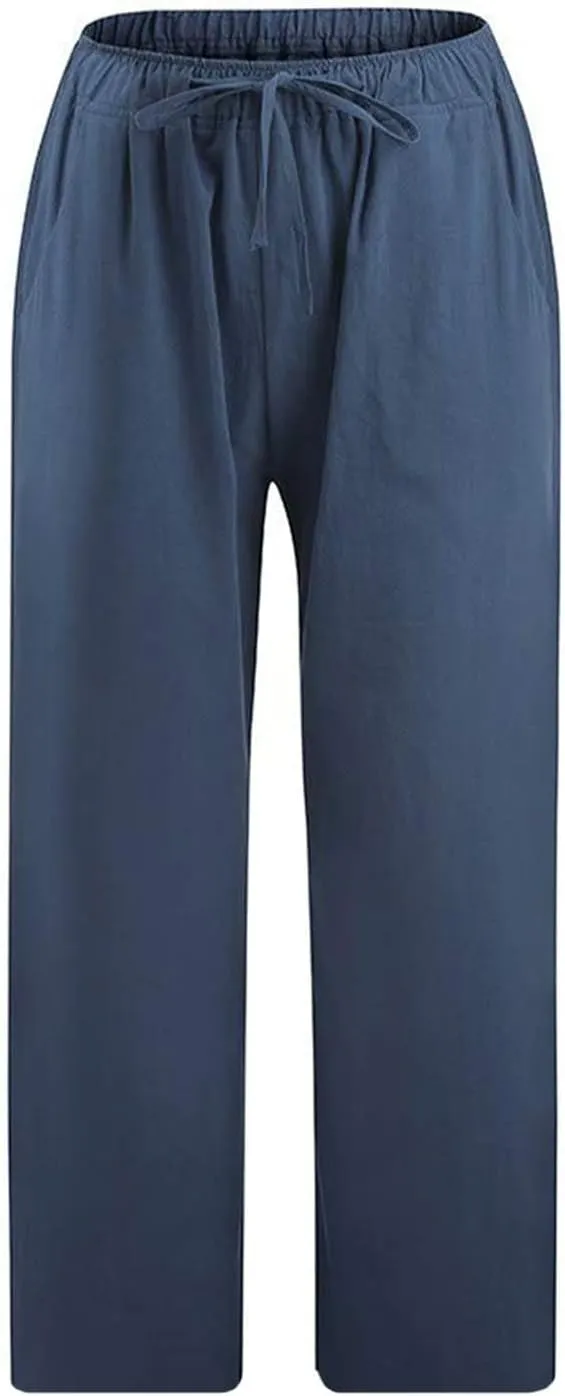 Linen Pants Women Petite Length Womens Linen Pants Casual Straight Fit Elastic Waisted Drawsting Trousers Pockets