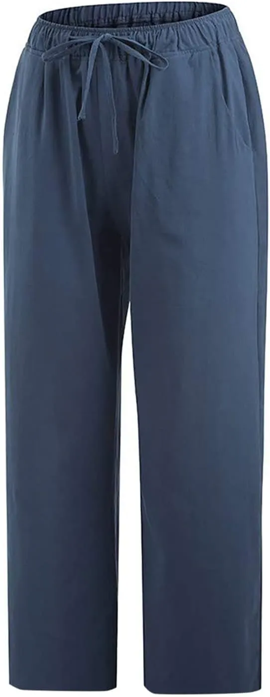 Linen Pants Women Petite Length Womens Linen Pants Casual Straight Fit Elastic Waisted Drawsting Trousers Pockets