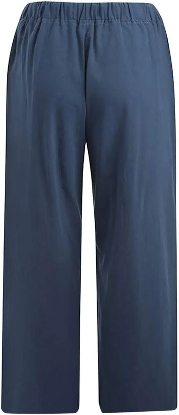Linen Pants Women Petite Length Womens Linen Pants Casual Straight Fit Elastic Waisted Drawsting Trousers Pockets