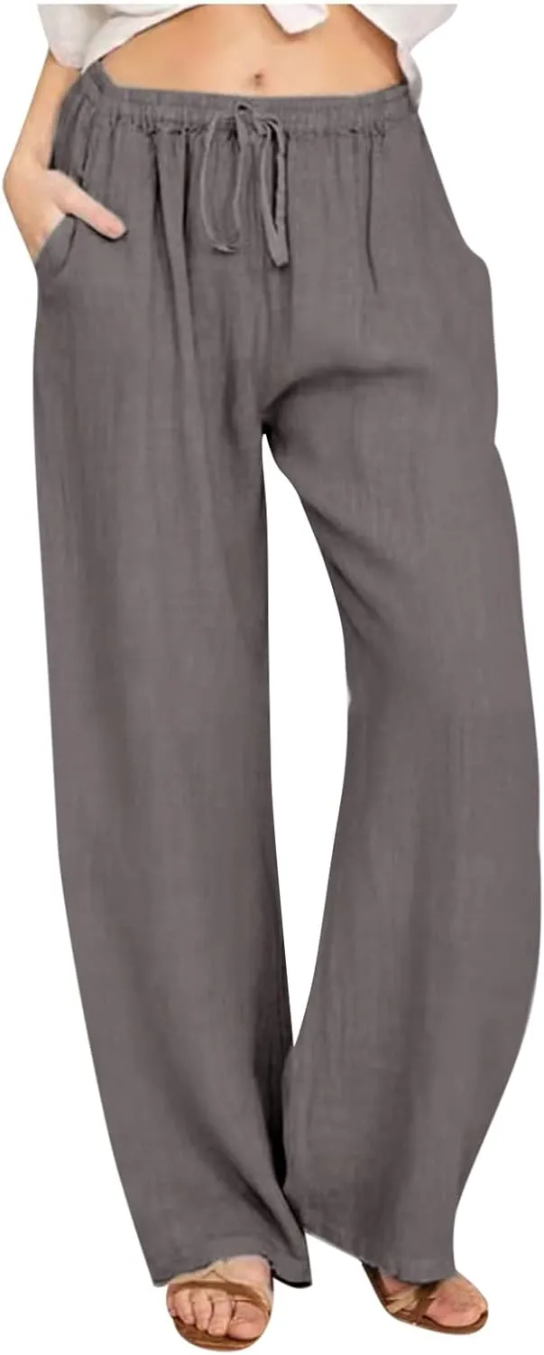 Linen Pants Women Summer Drawstring High Waisted Linen Palazzo Pants Wide Leg Lounge Pant Casual Beach Trousers