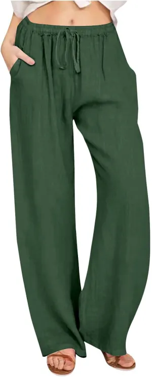 Linen Pants Women Summer Drawstring High Waisted Linen Palazzo Pants Wide Leg Lounge Pant Casual Beach Trousers