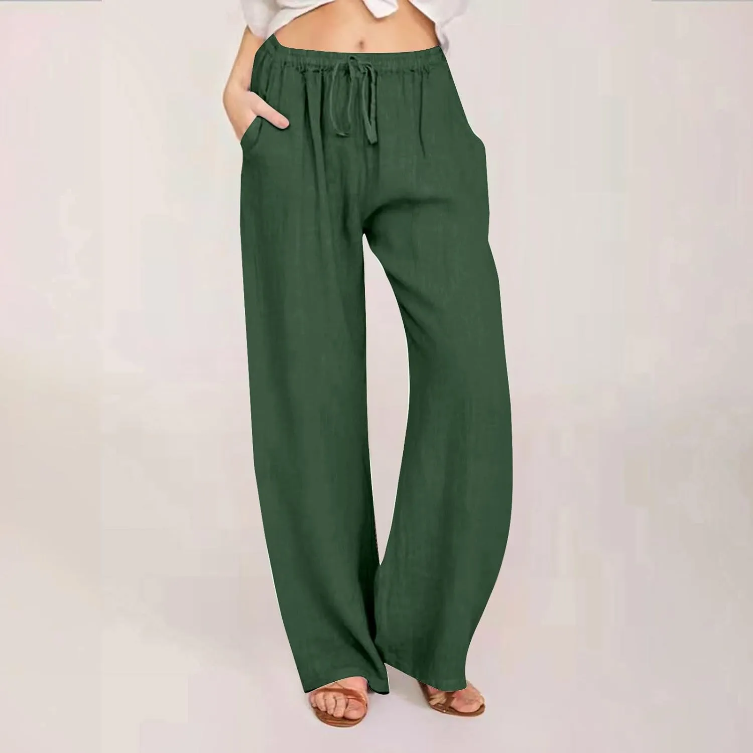 Linen Pants Women Summer Drawstring High Waisted Linen Palazzo Pants Wide Leg Lounge Pant Casual Beach Trousers