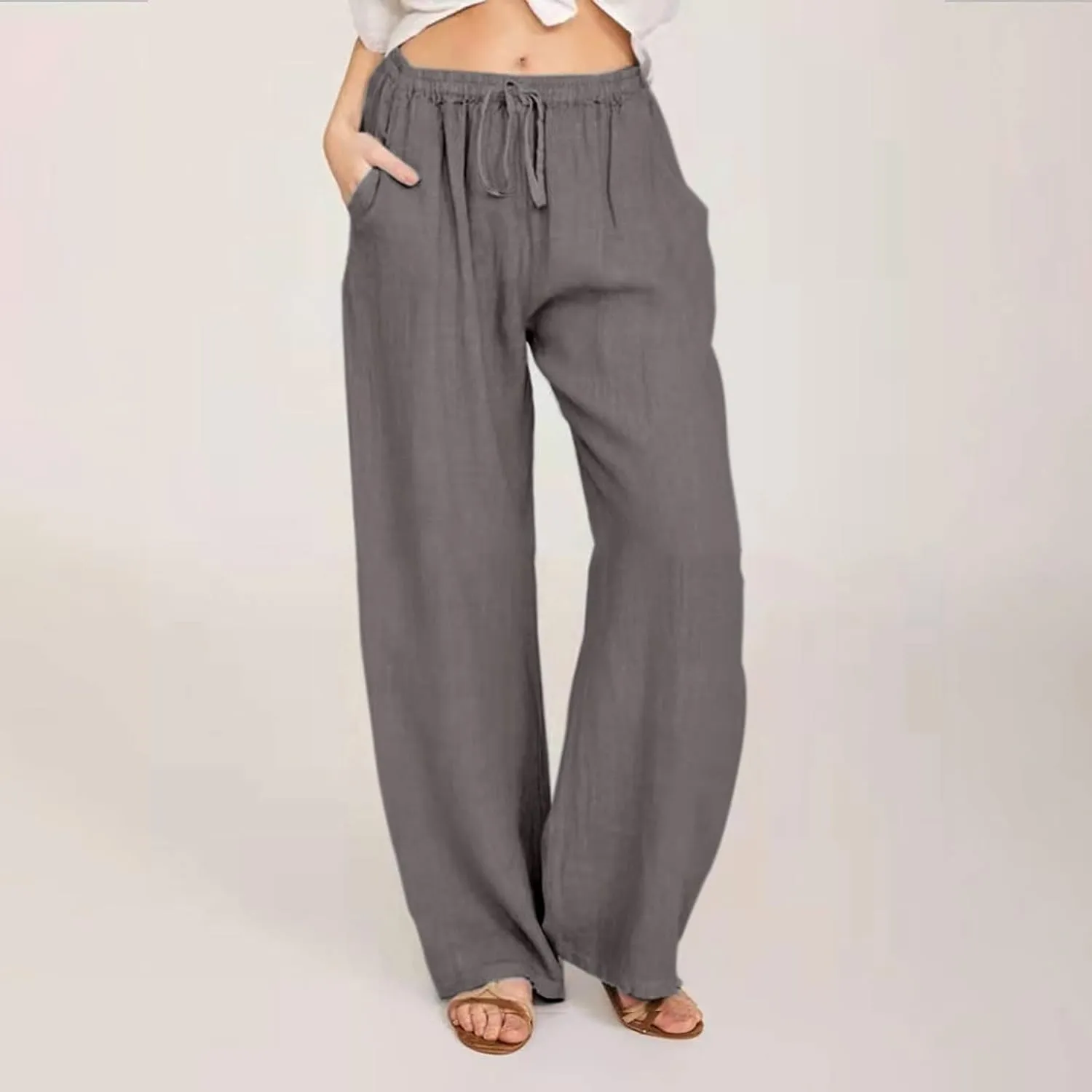 Linen Pants Women Summer Drawstring High Waisted Linen Palazzo Pants Wide Leg Lounge Pant Casual Beach Trousers