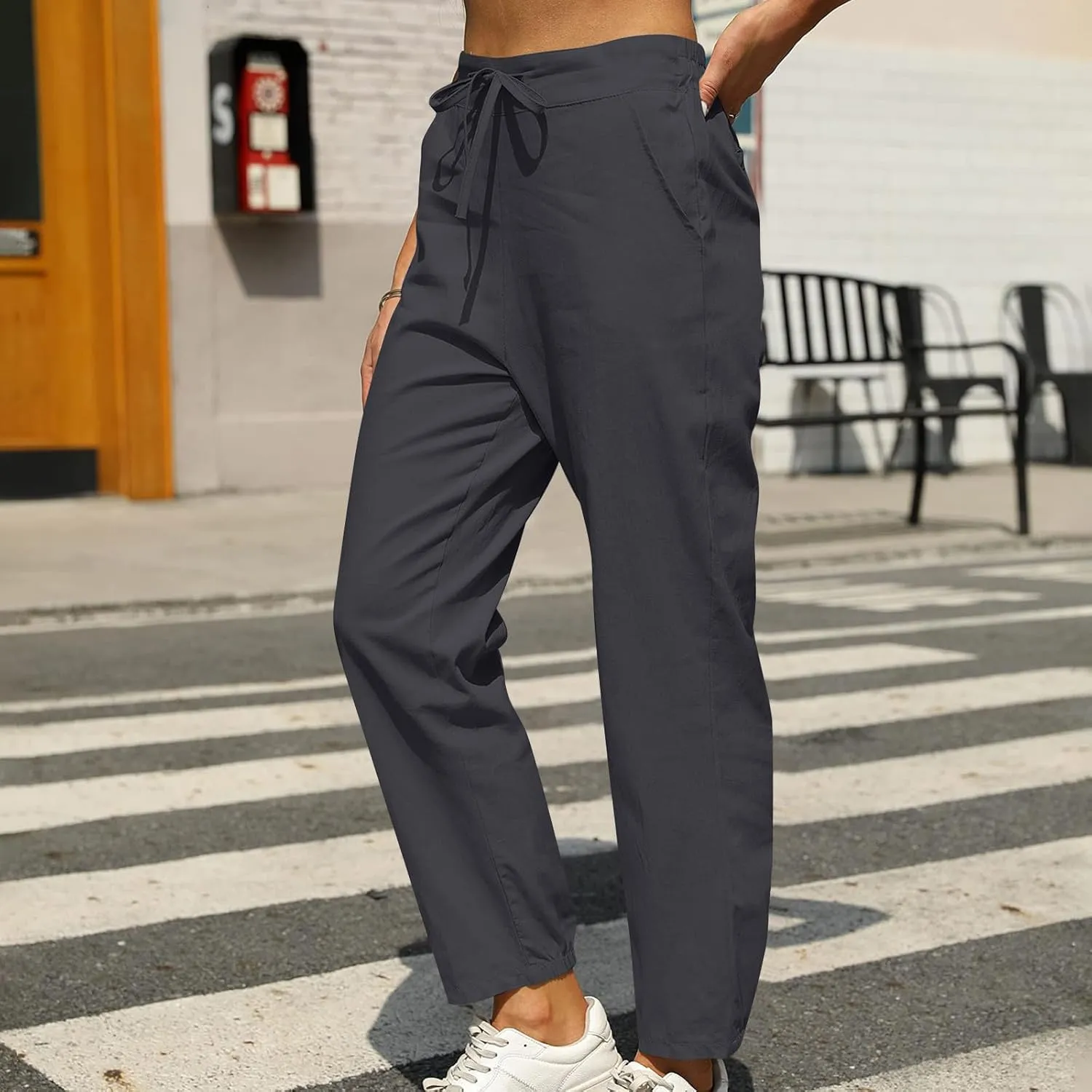 Linen Pants Women Summer Dressy Straight Wide Leg High Waisted Pants Casual Loose Plus Size Baggy Pants Trousers