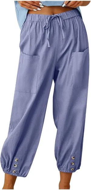 Linen Pants Women Summer High Waist Harem Cropped Pants Casual Loose Fit Trousers Beach Lounge Palazzo with Pocket