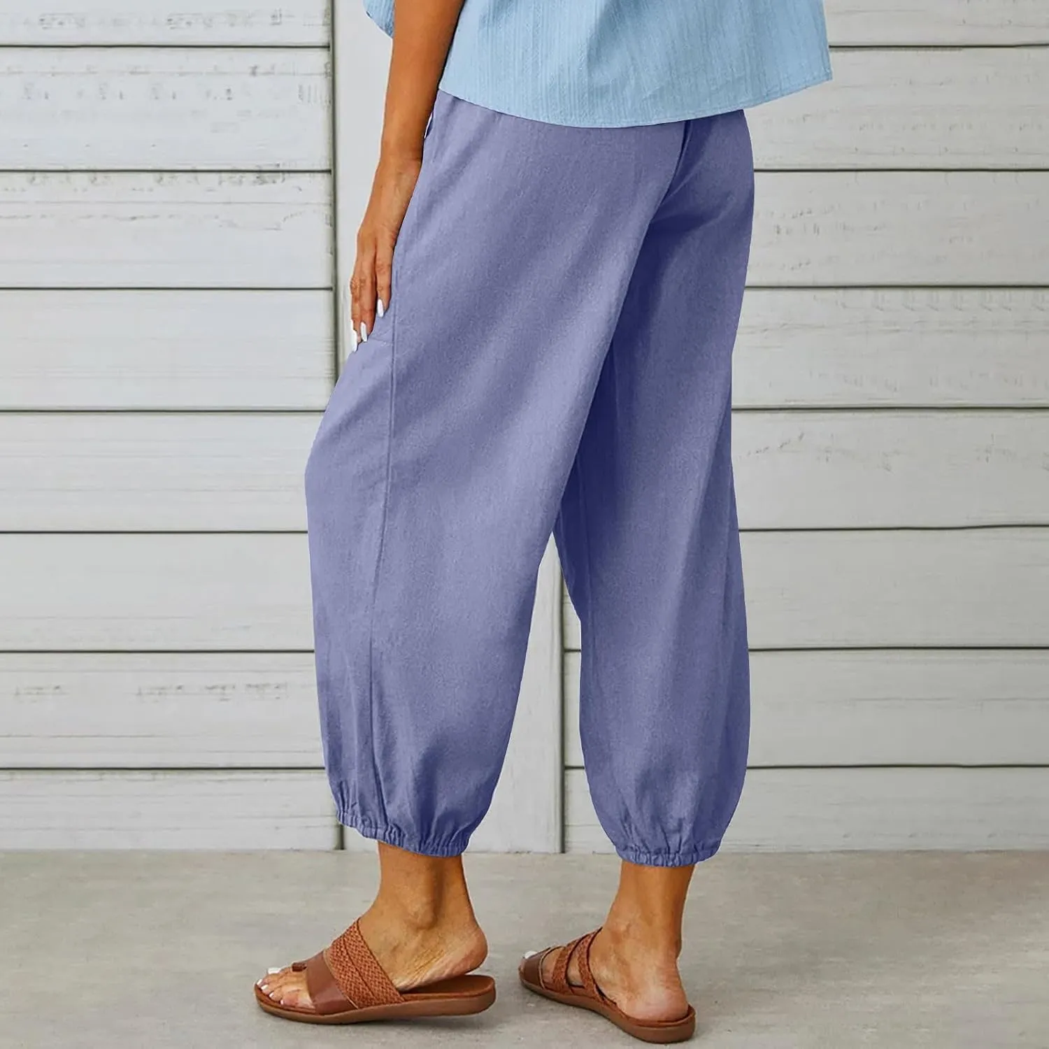 Linen Pants Women Summer High Waist Harem Cropped Pants Casual Loose Fit Trousers Beach Lounge Palazzo with Pocket