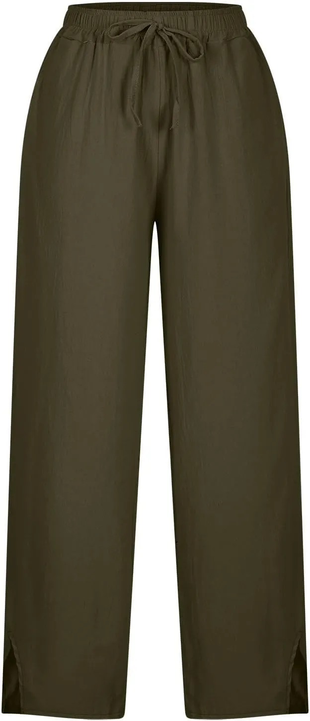 Linen Pants Women Trendy 2025 High Waisted Wide Leg Lounge Pant Drawstring Comfy Trousers Boho Beach Outfits