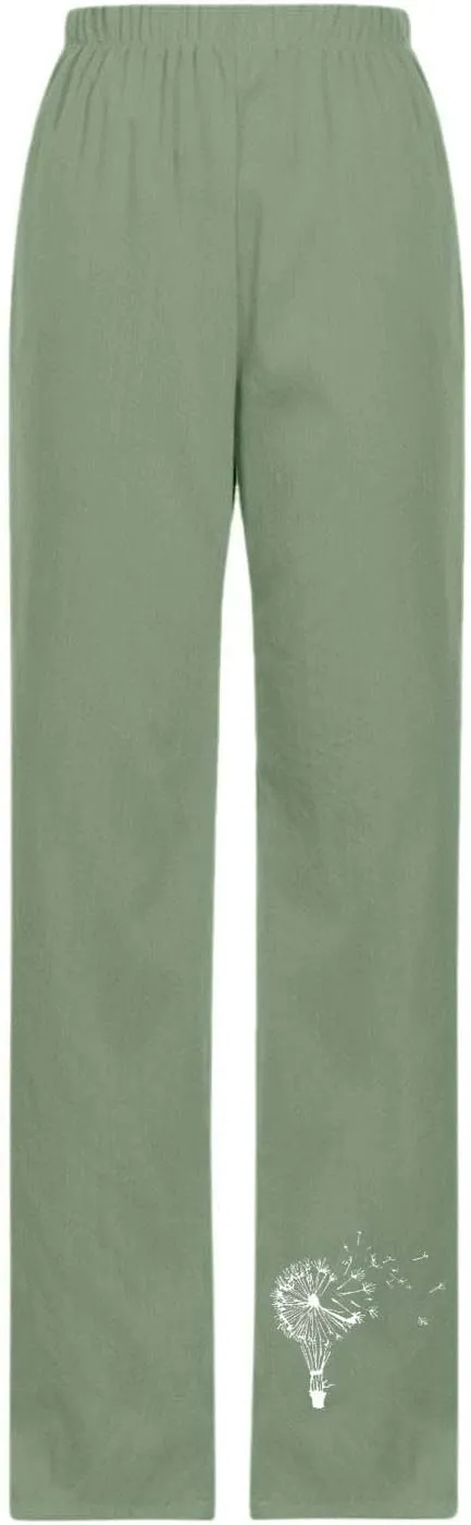 Linen Pants Women Trendy Heart Print Loose Fit Beach Trousers Summer Casual Elastic High Waist Pant Lounge Palazzo