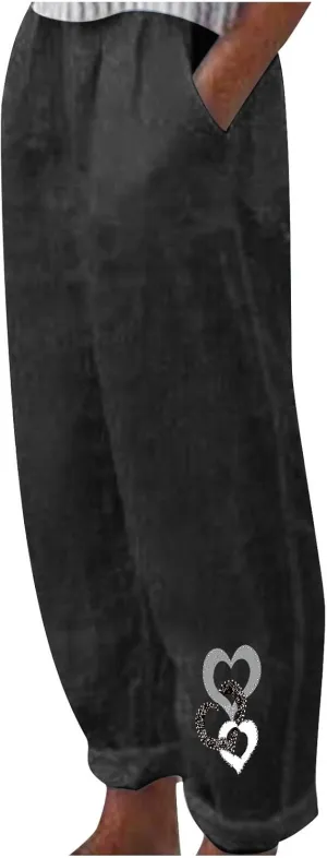 Linen Pants Women Trendy Heart Print Loose Fit Beach Trousers Summer Casual Elastic High Waist Pant Lounge Palazzo