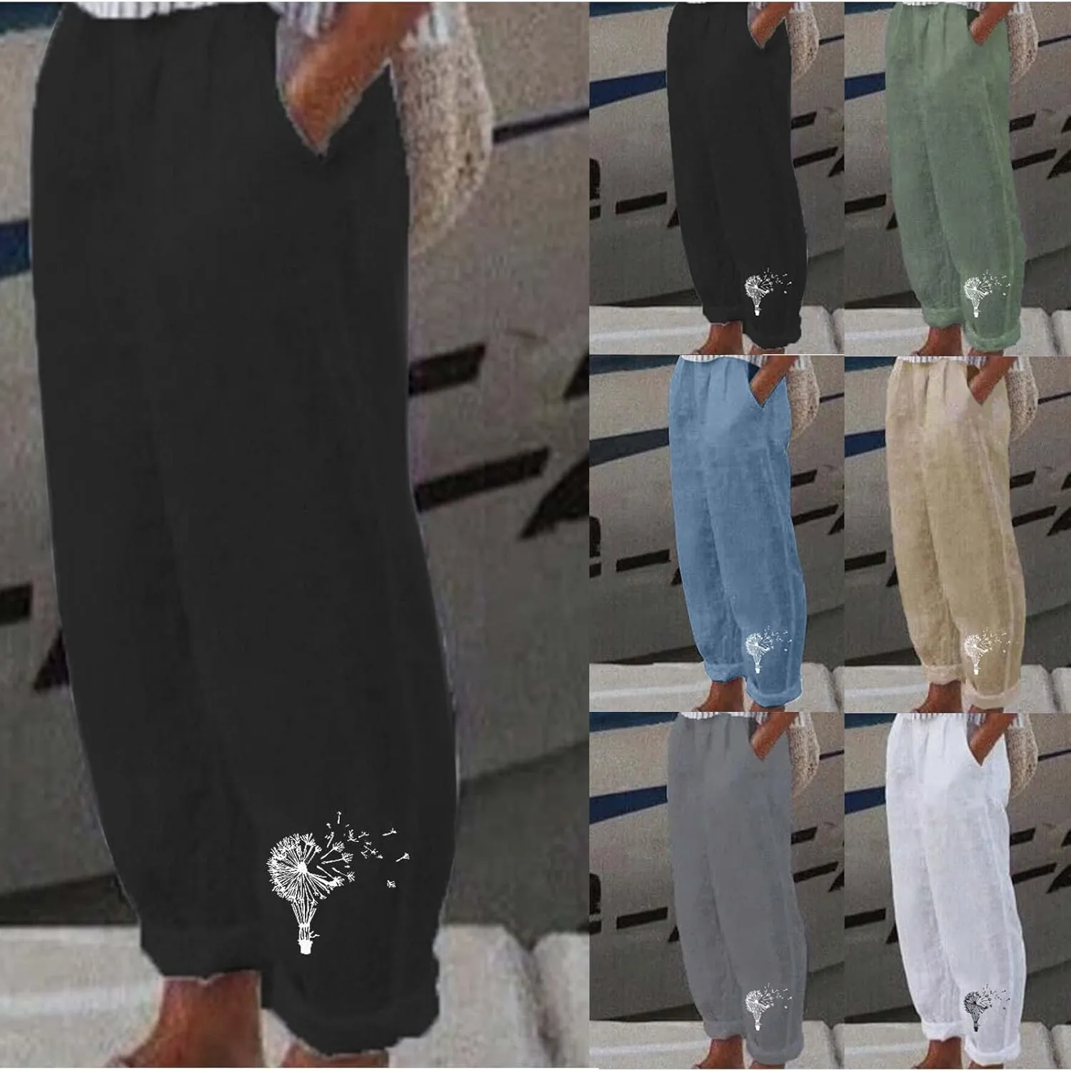 Linen Pants Women Trendy Heart Print Loose Fit Beach Trousers Summer Casual Elastic High Waist Pant Lounge Palazzo