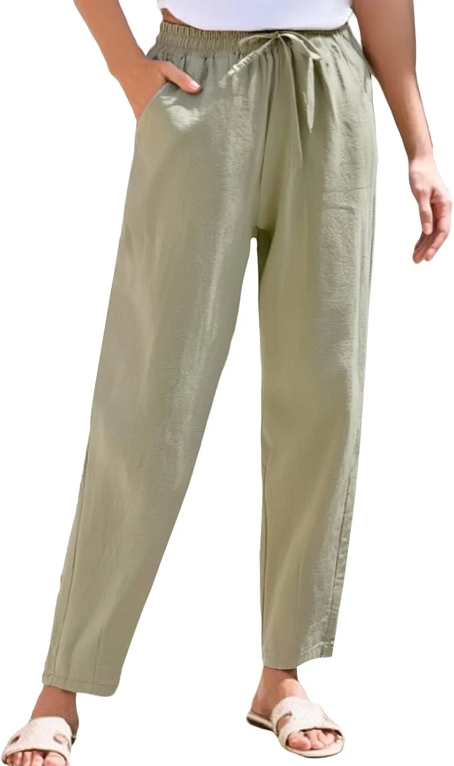 Linen Wide Leg Pants for Women Drawstring Casual Pants Straight Leg Linen