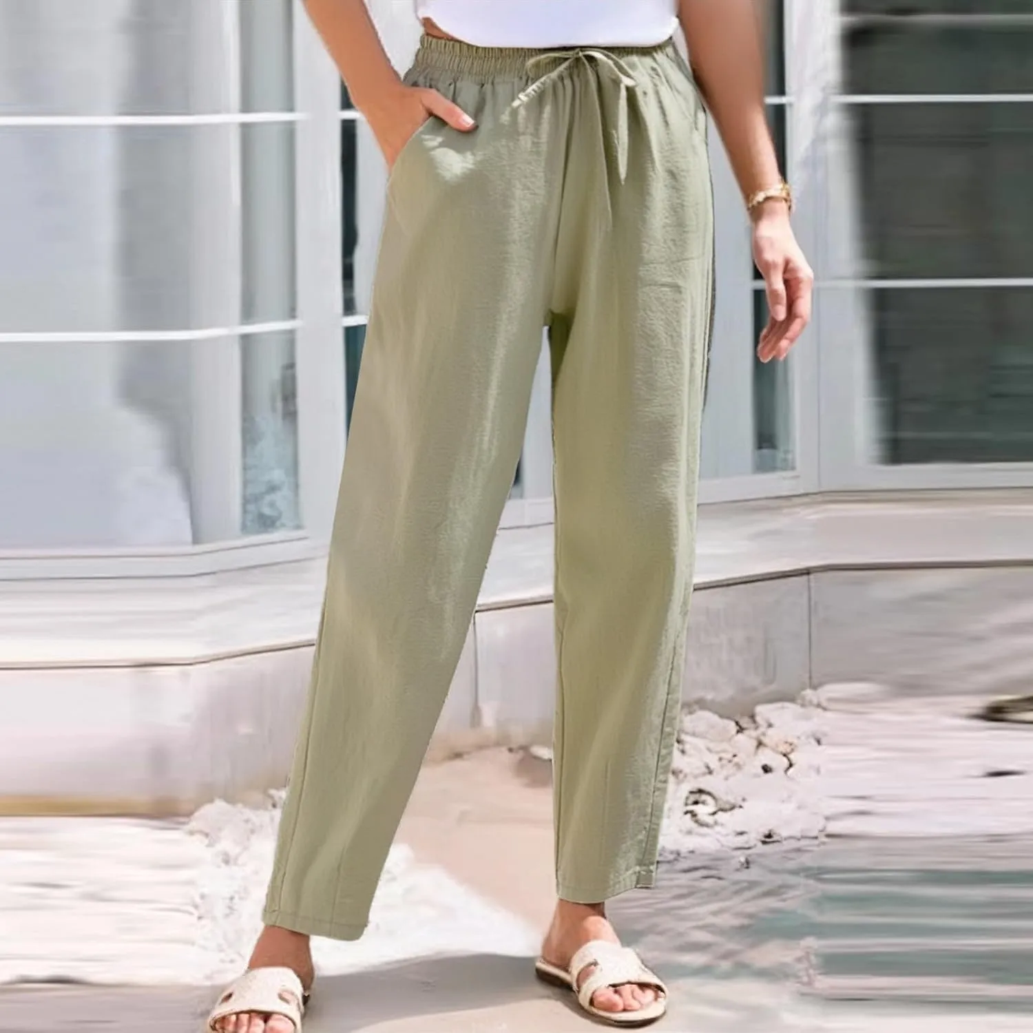 Linen Wide Leg Pants for Women Drawstring Casual Pants Straight Leg Linen