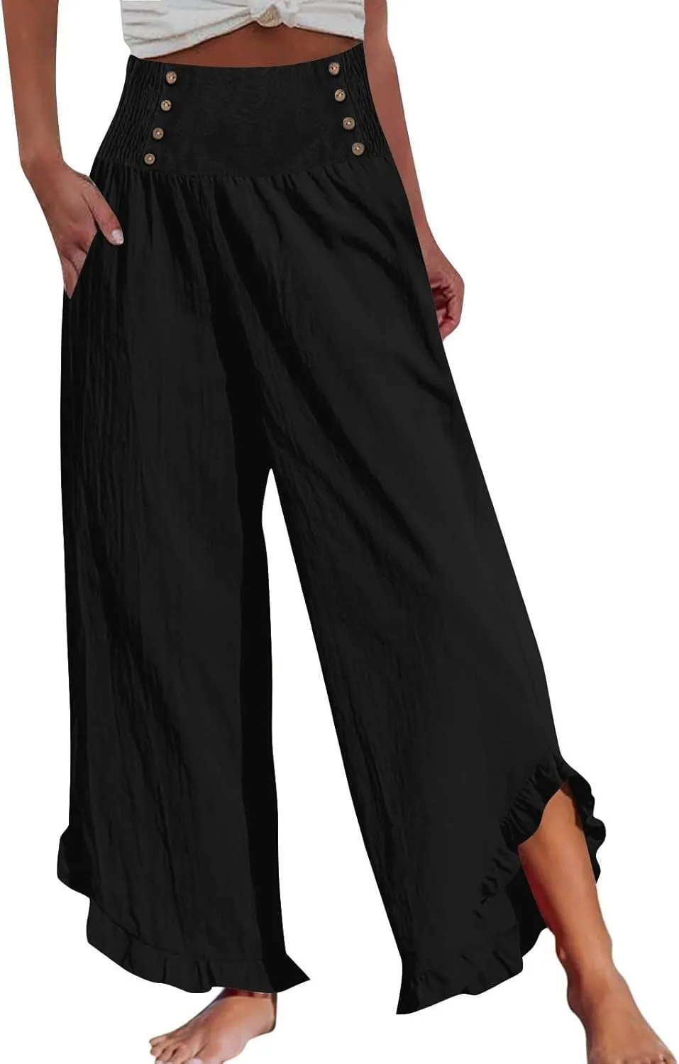 Linen Wide Leg Pants for Women Stretch Smocked High Waisted Ruffle Hem Palazzo Pants Summer Casual Loose Beach Pants