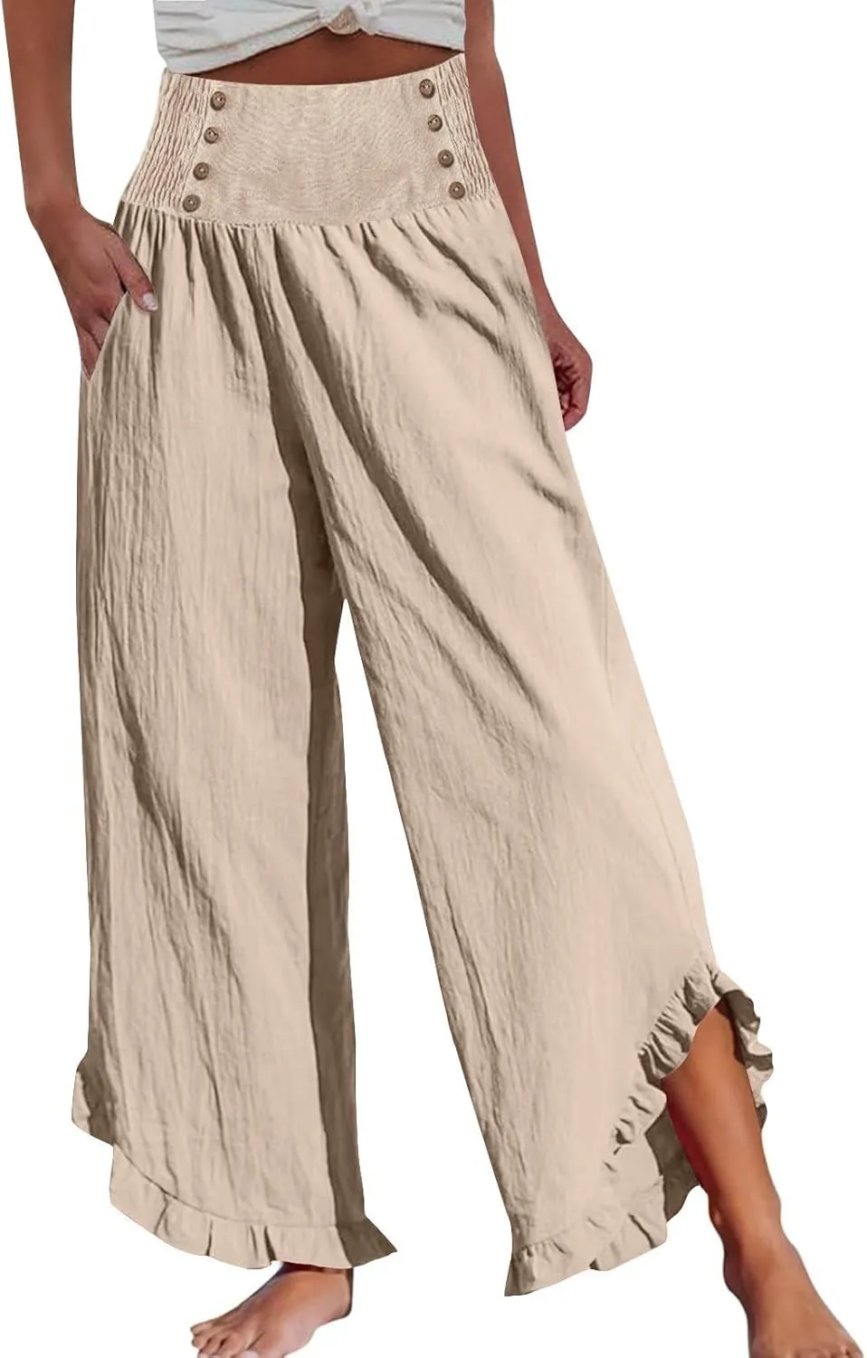 Linen Wide Leg Pants for Women Stretch Smocked High Waisted Ruffle Hem Palazzo Pants Summer Casual Loose Beach Pants