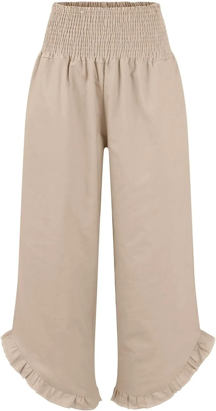 Linen Wide Leg Pants for Women Stretch Smocked High Waisted Ruffle Hem Palazzo Pants Summer Casual Loose Beach Pants