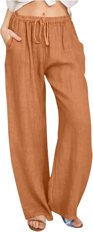 Linen Wide Leg Pants Women Pant High Waisted Drawstring Baggy Trousers 2025 Casual Summer Palazzo Pant with Pockets