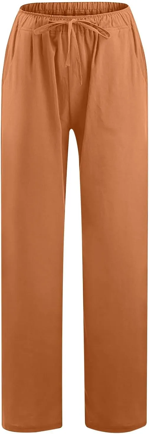 Linen Wide Leg Pants Women Pant High Waisted Drawstring Baggy Trousers 2025 Casual Summer Palazzo Pant with Pockets