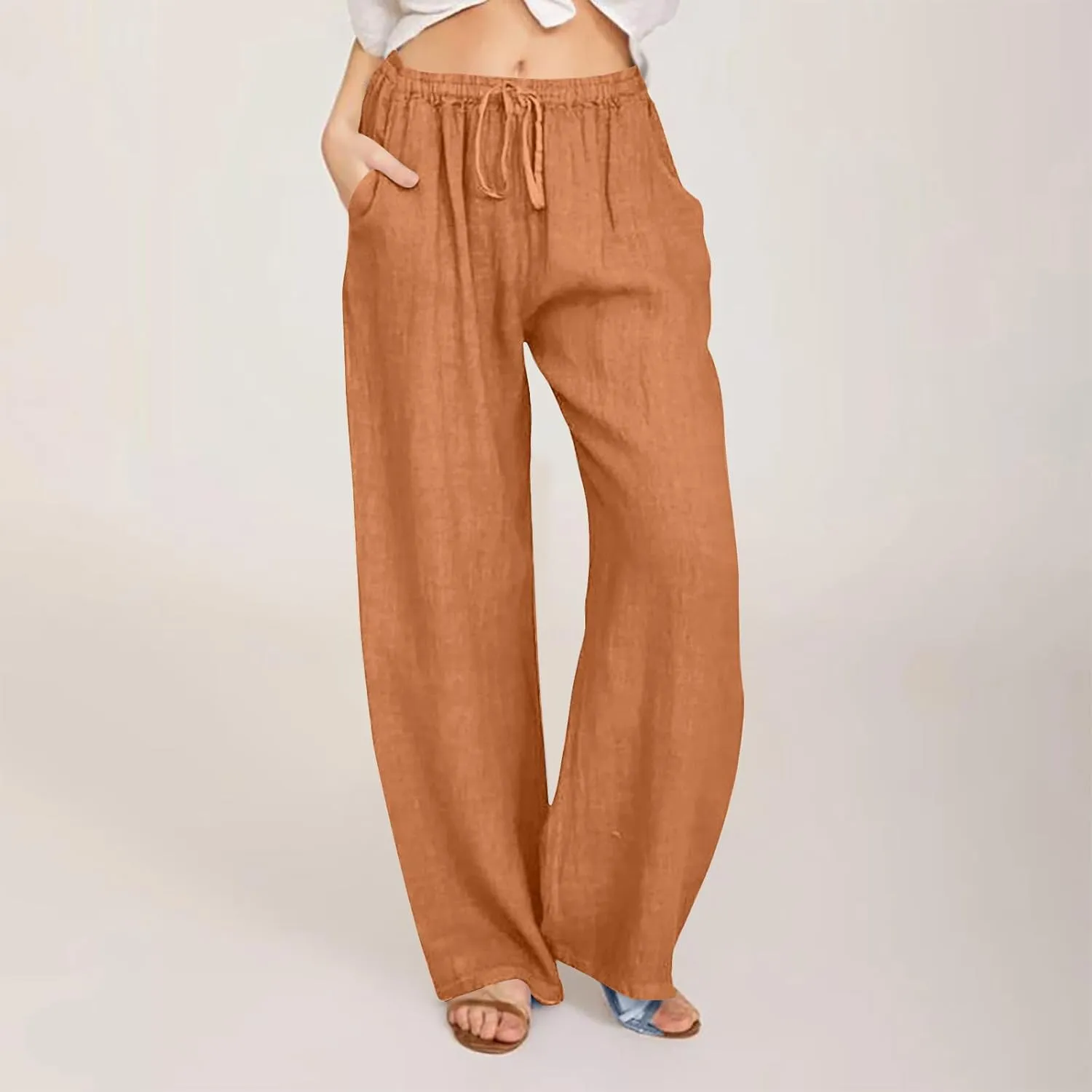 Linen Wide Leg Pants Women Pant High Waisted Drawstring Baggy Trousers 2025 Casual Summer Palazzo Pant with Pockets