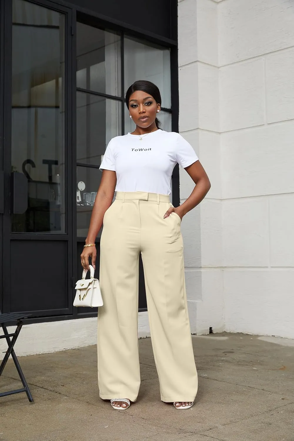 LKOUS Casual Wide Leg Dress Pants Women,High Waisted Work Pant Straight Leg Trousers with Pockets