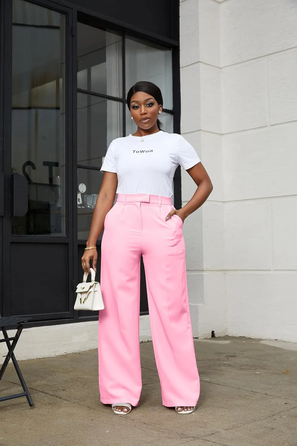 LKOUS Casual Wide Leg Dress Pants Women,High Waisted Work Pant Straight Leg Trousers with Pockets