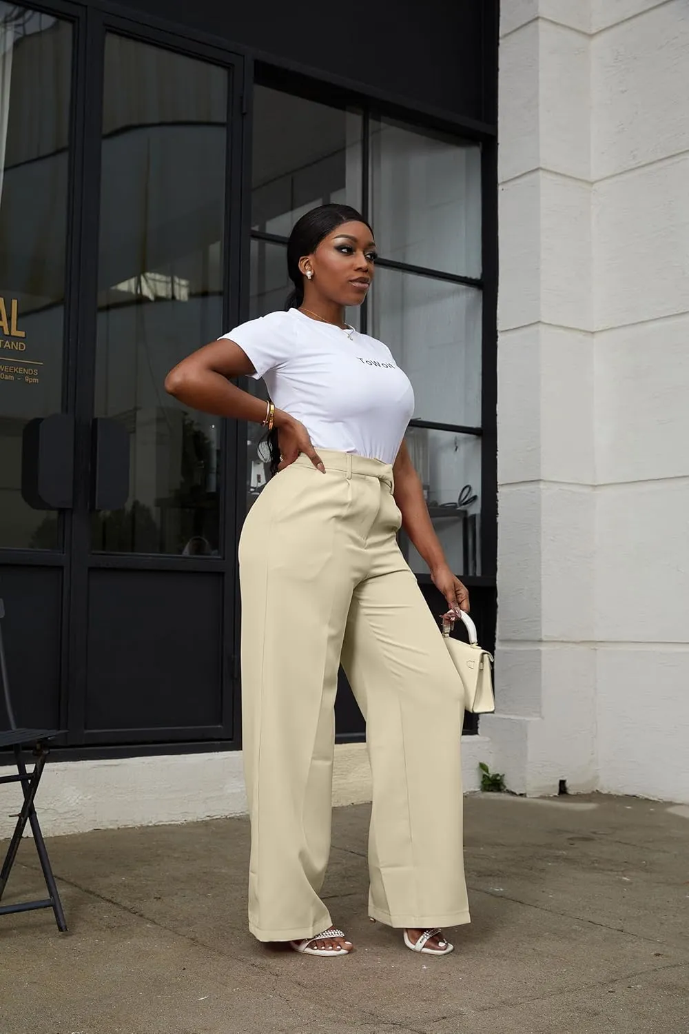 LKOUS Casual Wide Leg Dress Pants Women,High Waisted Work Pant Straight Leg Trousers with Pockets
