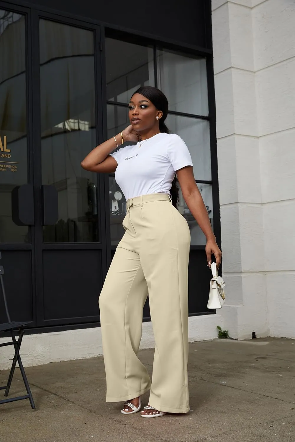 LKOUS Casual Wide Leg Dress Pants Women,High Waisted Work Pant Straight Leg Trousers with Pockets