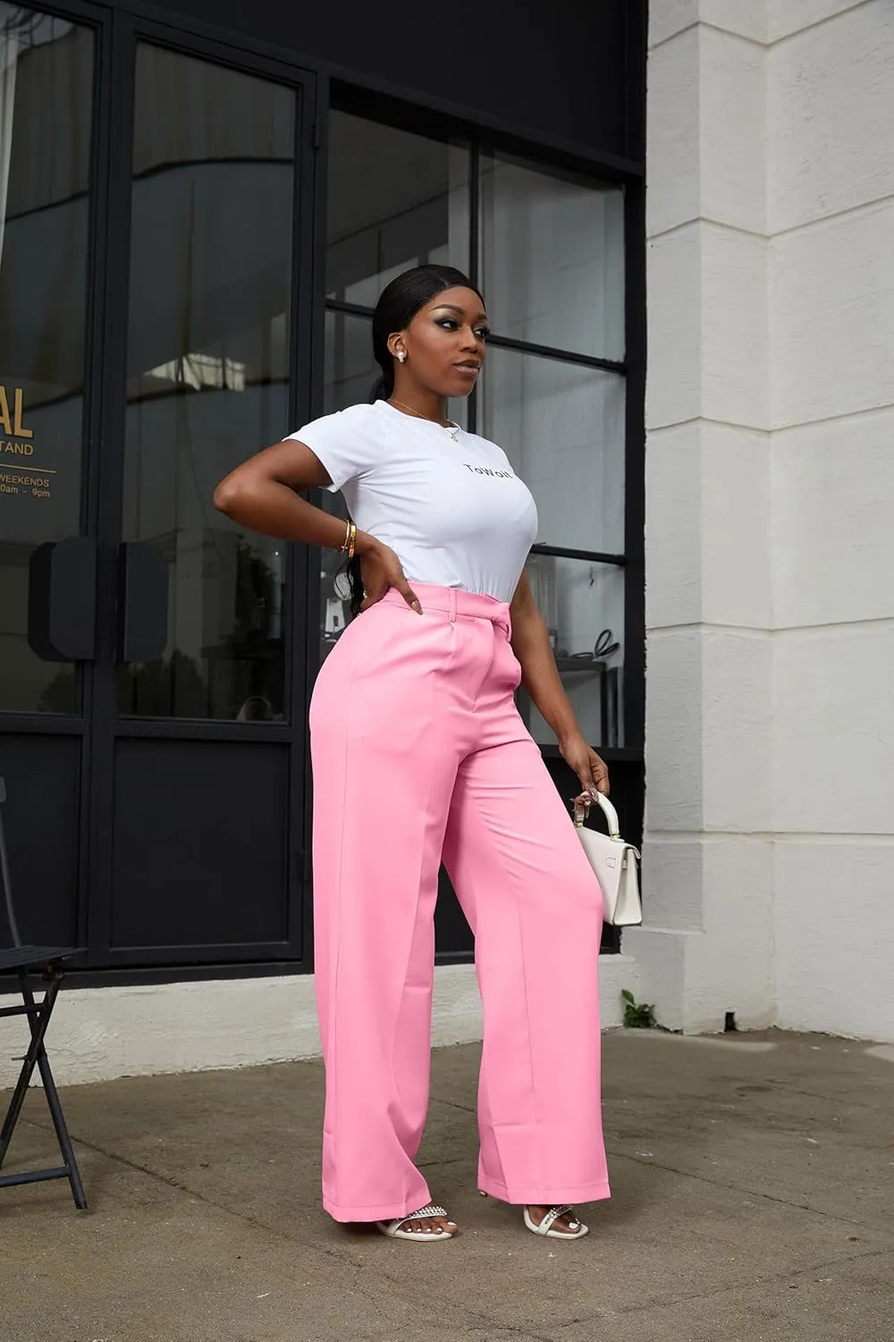 LKOUS Casual Wide Leg Dress Pants Women,High Waisted Work Pant Straight Leg Trousers with Pockets