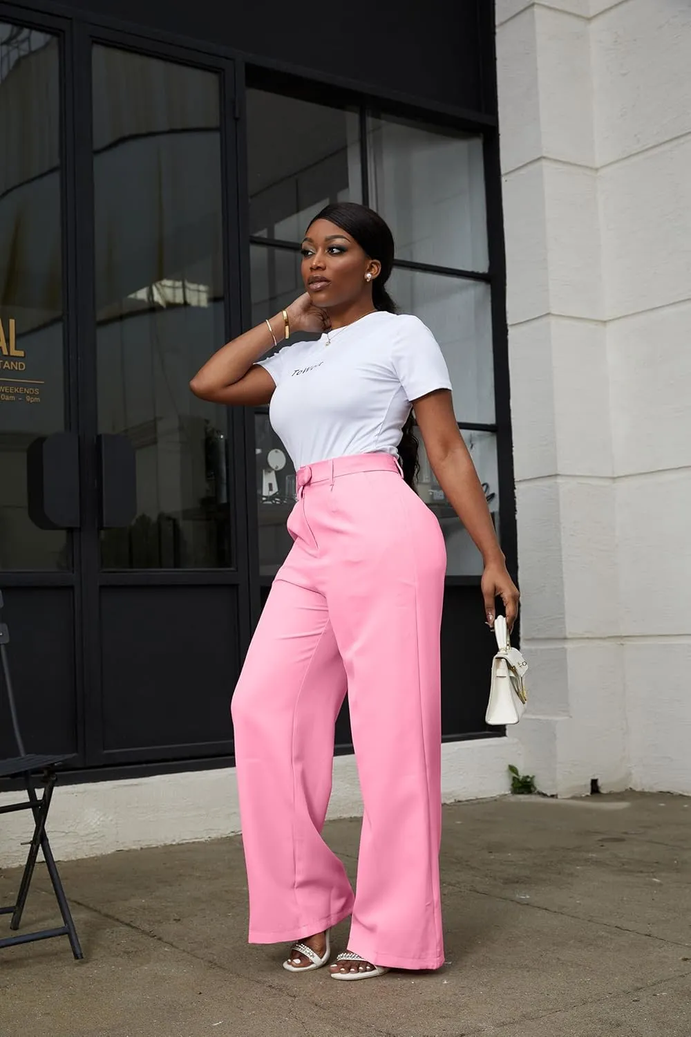 LKOUS Casual Wide Leg Dress Pants Women,High Waisted Work Pant Straight Leg Trousers with Pockets
