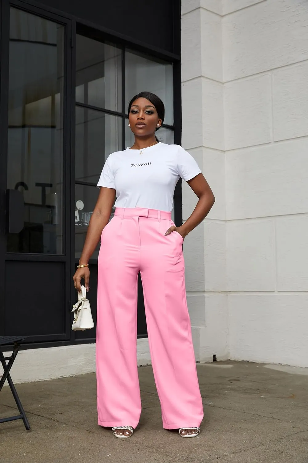 LKOUS Casual Wide Leg Dress Pants Women,High Waisted Work Pant Straight Leg Trousers with Pockets