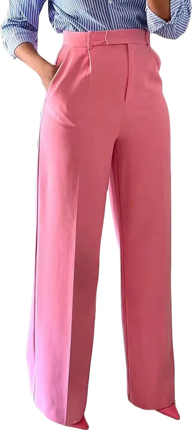 LKOUS Casual Wide Leg Dress Pants Women,High Waisted Work Pant Straight Leg Trousers with Pockets