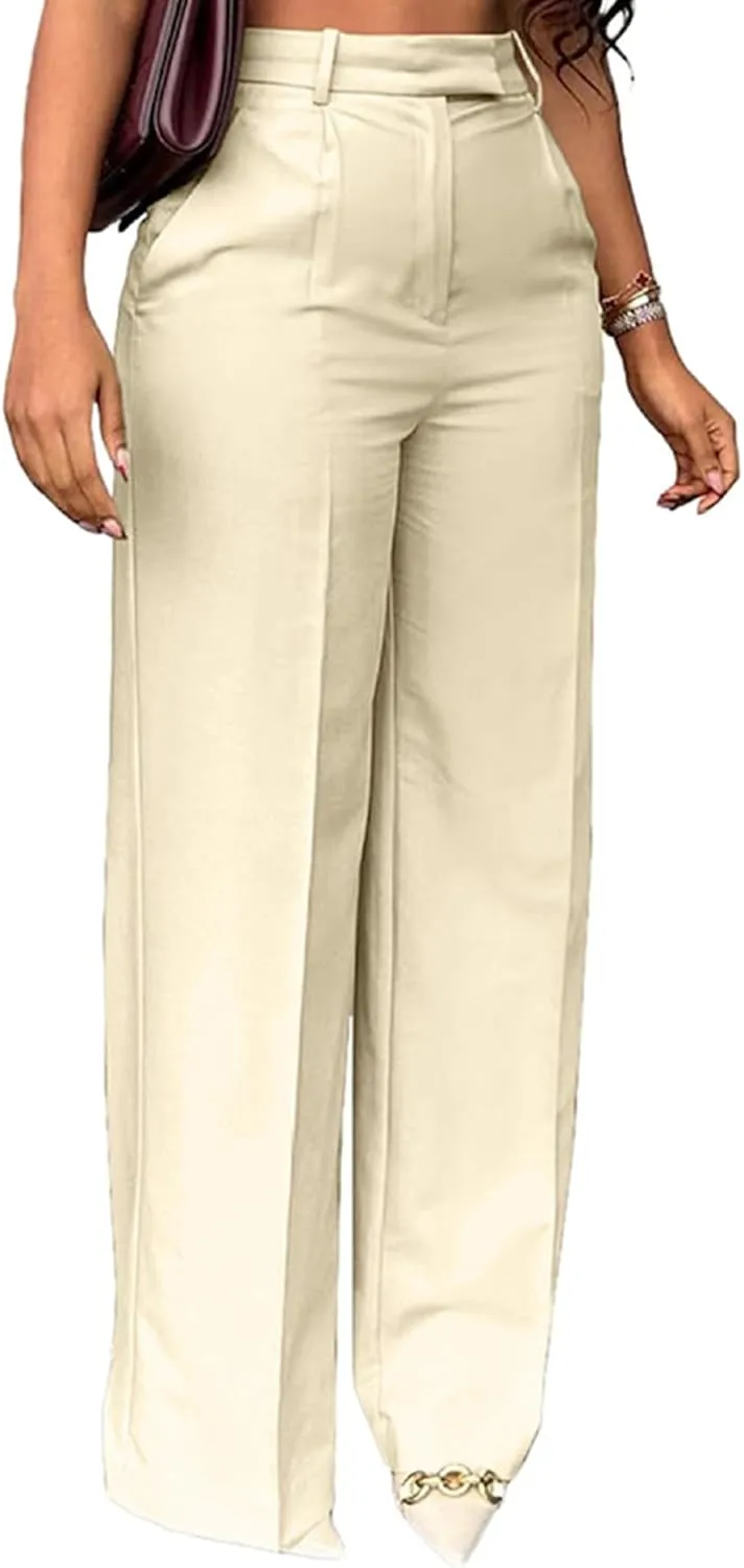 LKOUS Casual Wide Leg Dress Pants Women,High Waisted Work Pant Straight Leg Trousers with Pockets