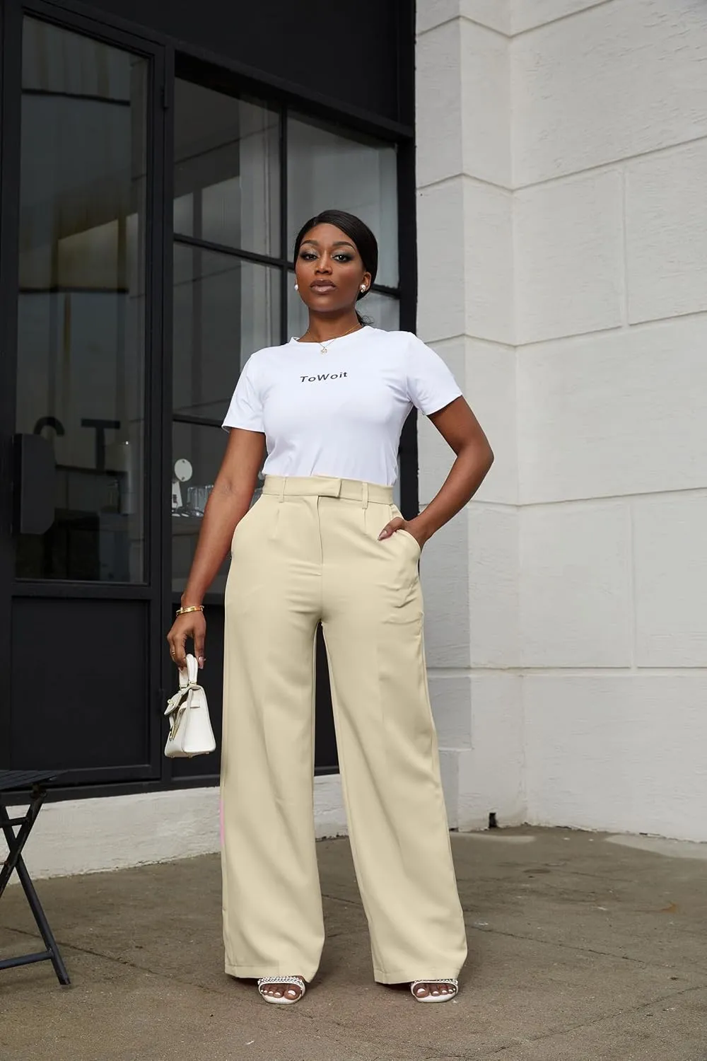LKOUS Casual Wide Leg Dress Pants Women,High Waisted Work Pant Straight Leg Trousers with Pockets