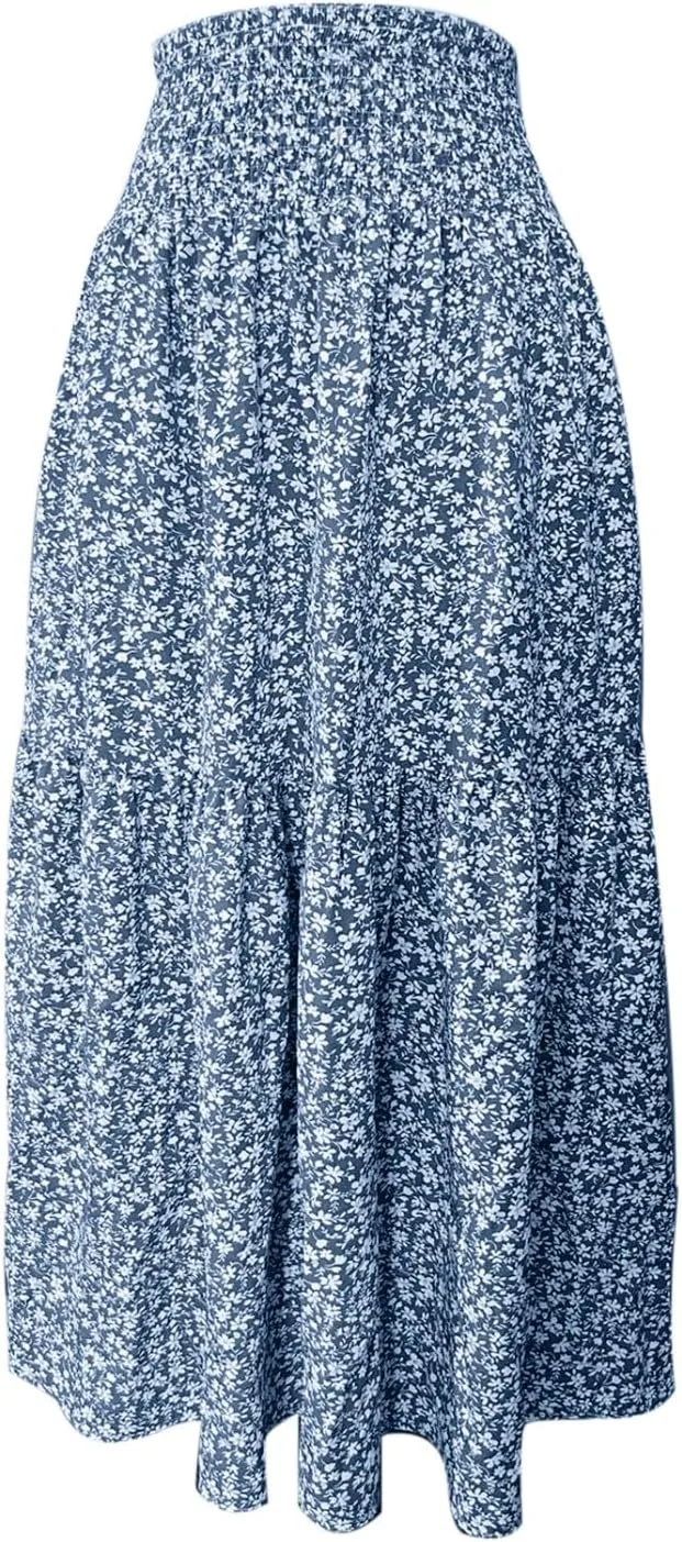 Long Flowy Skirts for Women Smocked High Waisted Floral Maxi Skirt with Pockets Boho Ruffle Tiered Beach A Line Skirt