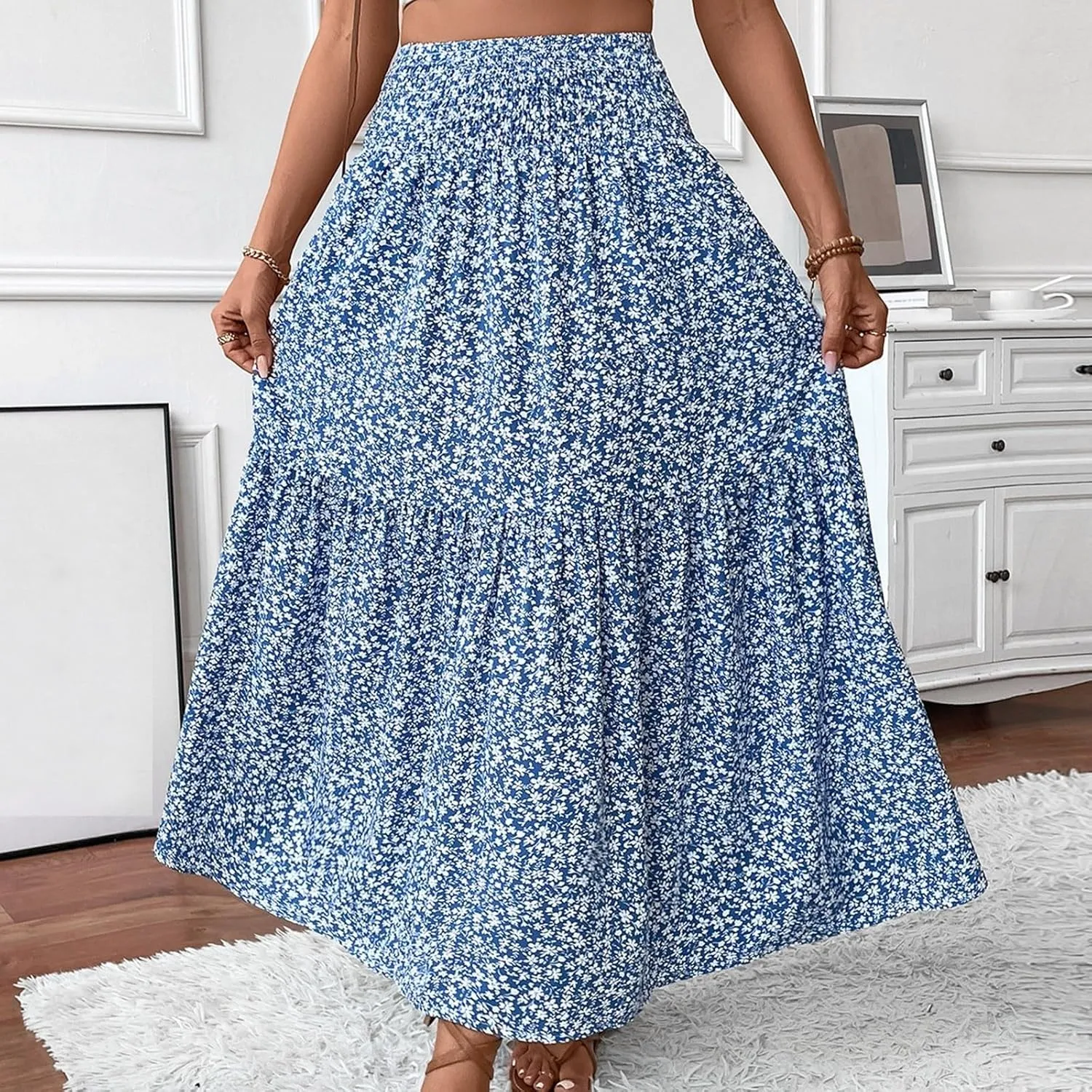 Long Flowy Skirts for Women Smocked High Waisted Floral Maxi Skirt with Pockets Boho Ruffle Tiered Beach A Line Skirt