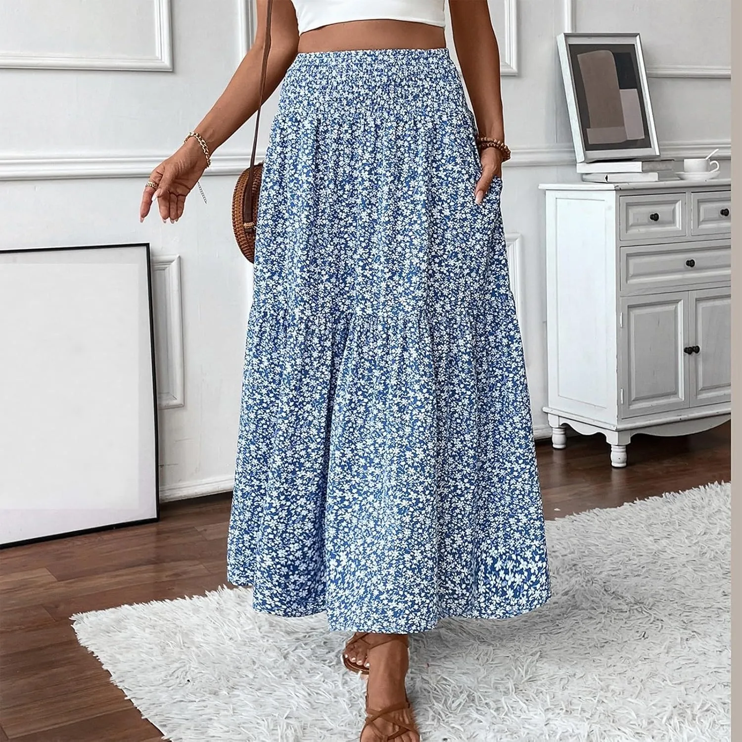 Long Flowy Skirts for Women Smocked High Waisted Floral Maxi Skirt with Pockets Boho Ruffle Tiered Beach A Line Skirt