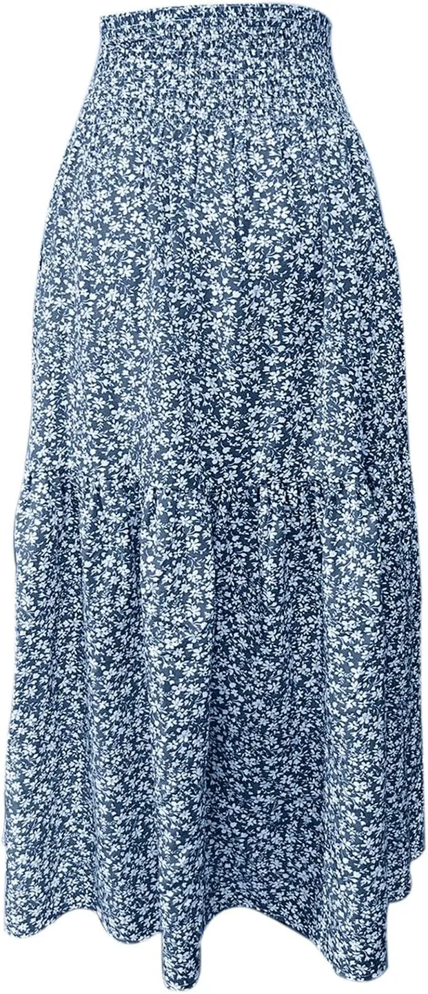 Long Flowy Skirts for Women Smocked High Waisted Floral Maxi Skirt with Pockets Boho Ruffle Tiered Beach A Line Skirt