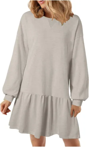Long Sleeve Tshirt Dress for Women Plus Size Crewneck Pullover Tops Patchwork Sweatshirt Dress Casual Mini Dresses