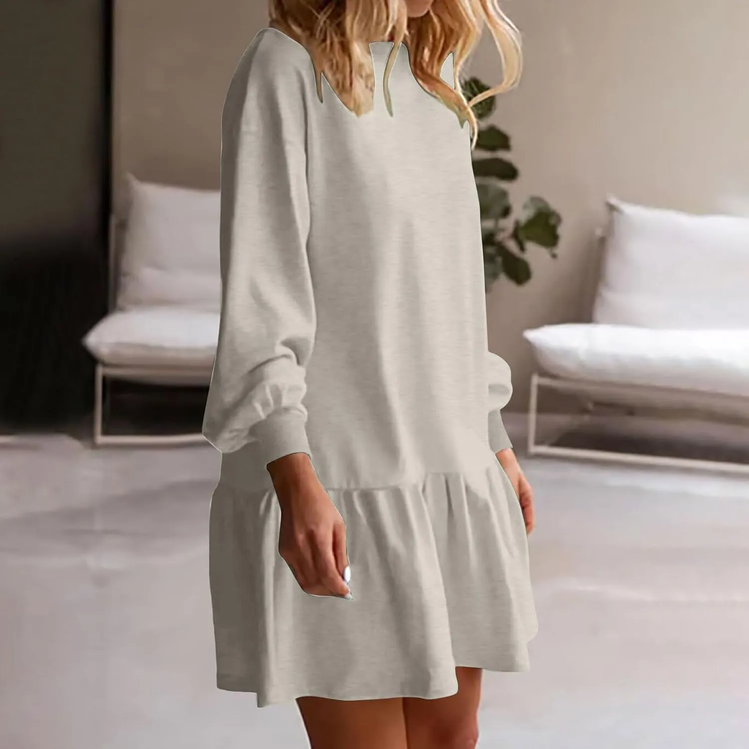 Long Sleeve Tshirt Dress for Women Plus Size Crewneck Pullover Tops Patchwork Sweatshirt Dress Casual Mini Dresses