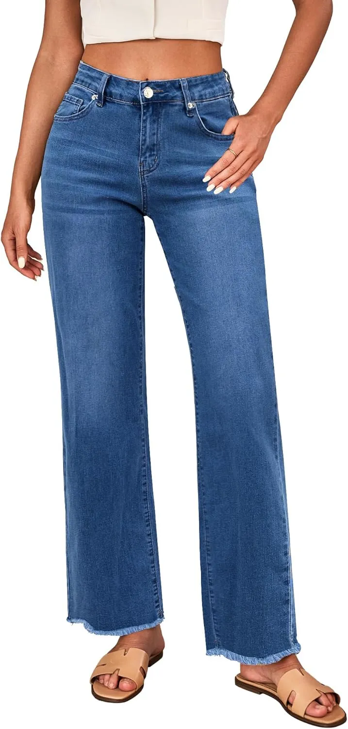 LookbookStore Wide Leg Jeans for Women Trendy High Waisted Straight Leg Frayed Hem Baggy Stretchy Denim Trousers Pants